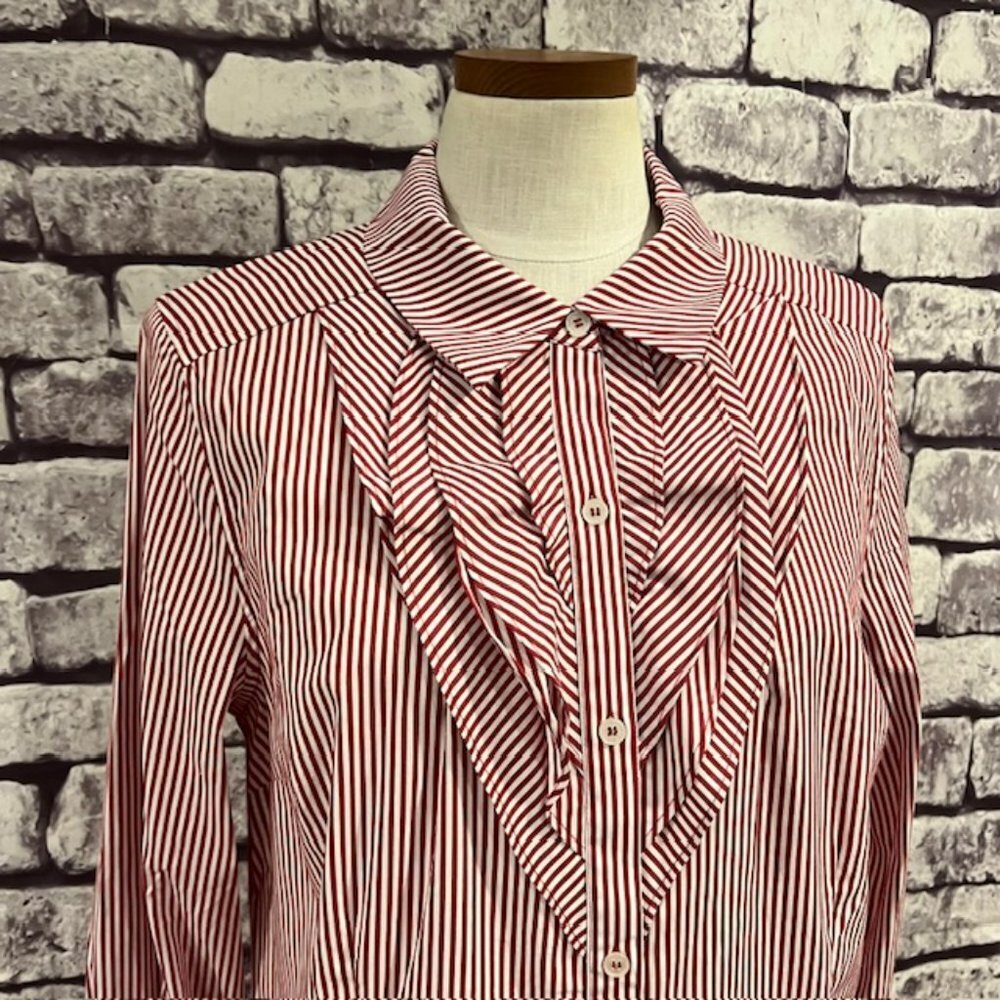 Isaac Mizrahi Live Red & White Striped Blouse W/ Ruffle Size 14 - Picture 2 of 10